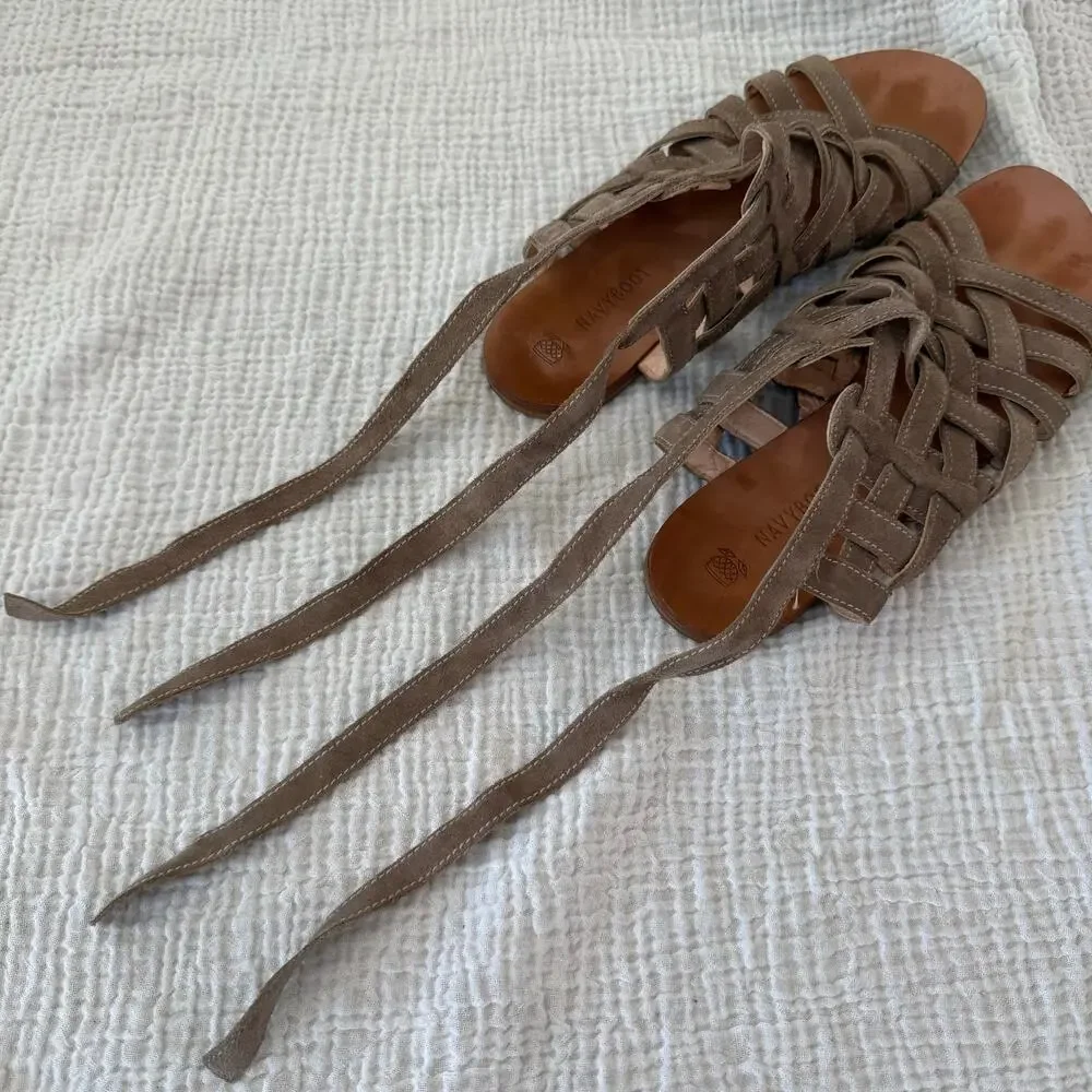 Navyboot Sandals Size 39 Tan Suede Leather Basket Weave Gladiator Ankle Tie